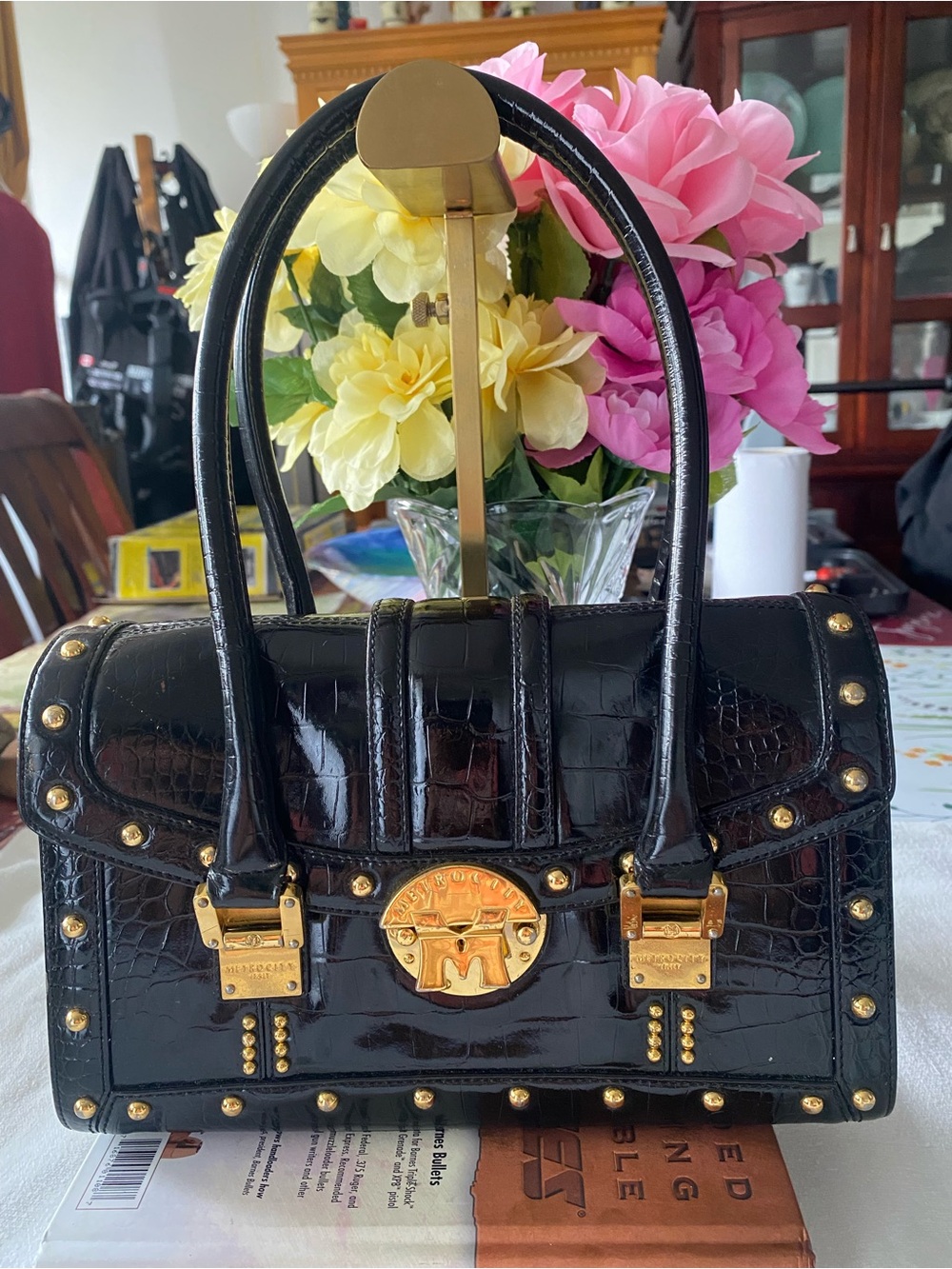Metro City Black Studded Croc- embossed leather Satchel bag